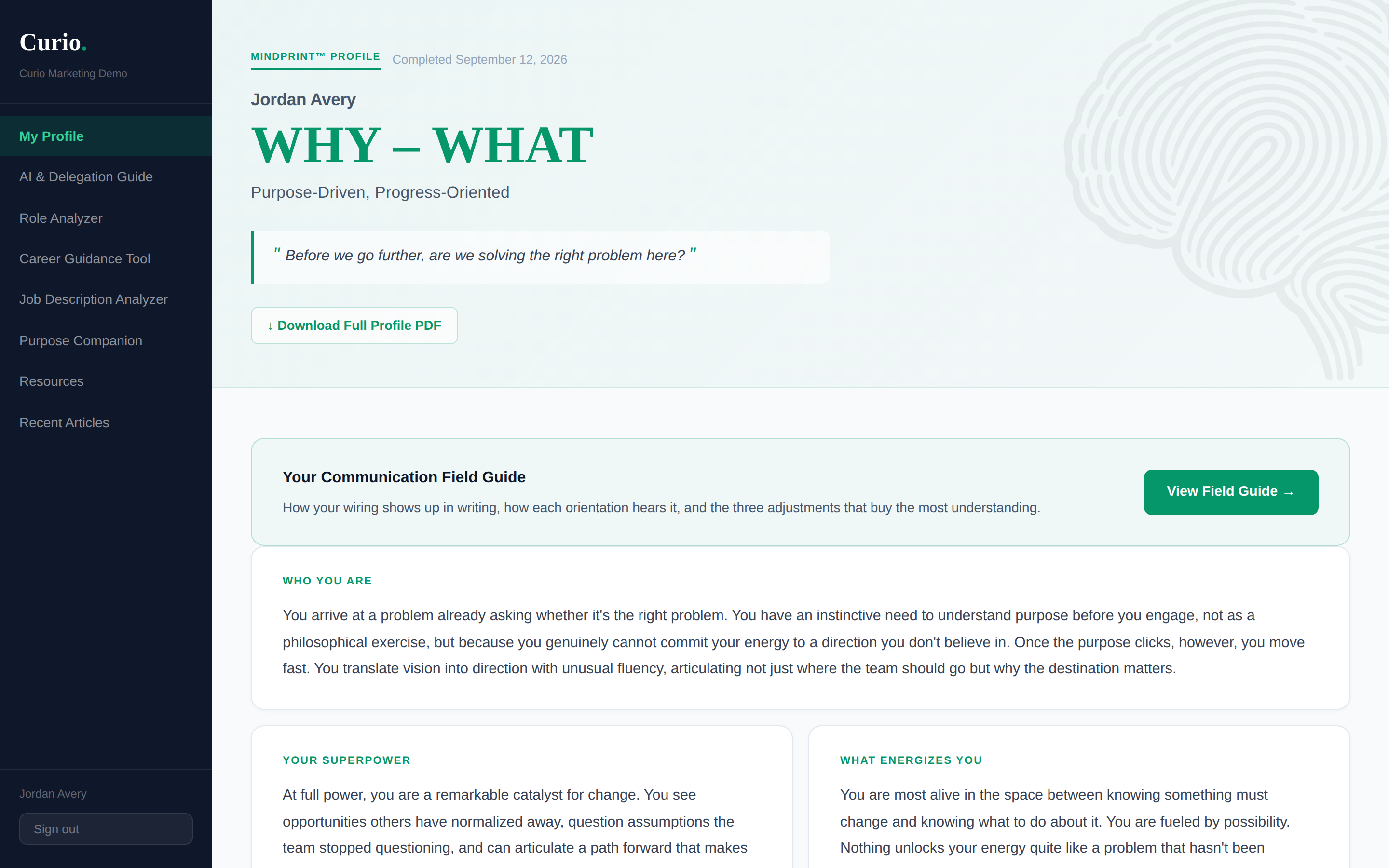 A completed MindPrint profile shown in the dashboard